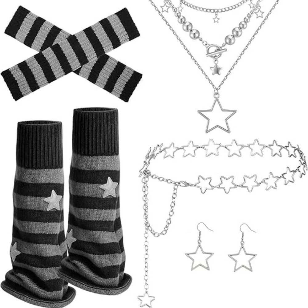 Y2K Set - Retro Leg Warmers Arm Warmers Star Layered Necklace Belt & Earrings‎